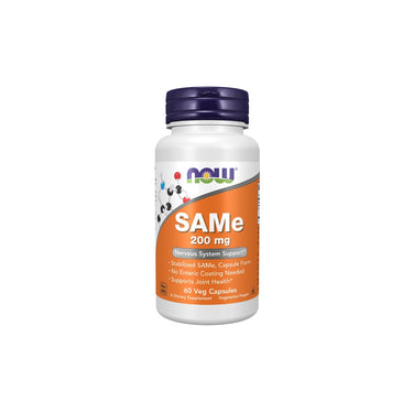 Bottle of Now Foods SAMe 200 mg 60 Veg Capsules supplement, with label stating it supports the nervous system.